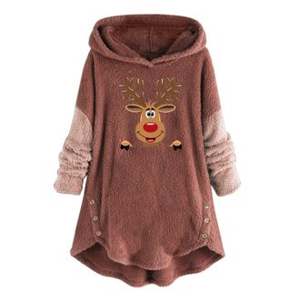 Generic Sweatshirts Long Jumpers Christmas Dresses Womens Christmas Print Panel Long Sleeve Loose Button Pullover Hooded Sweater The Woman (Pink, S)