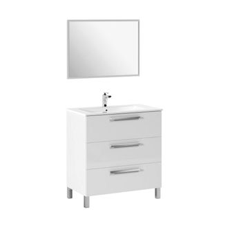 Dmora Dmora - Armario Bajo Encimera Dlo, Mueble De Ba&ntilde;o, Armario Con 3 Cajones Y Espejo, Lavabo No Incluido, 80x45h86 Cm, Blanco Brillante