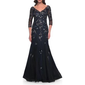 La Femme Mermaid Lace Applique Gown with V Neckline and Sleeves in Black/navy at Nordstrom, Size 10