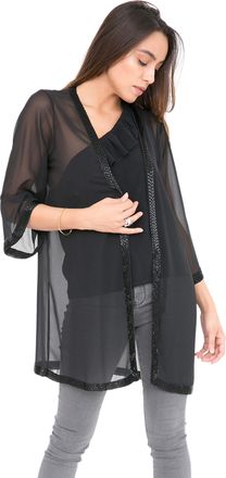Likemary Long Sheer Cardigans for Women UK - Elegant Chiffon Kimono Cover Ups - Ladies Lightweight Duster Jackets Open Front - Black Embellished L