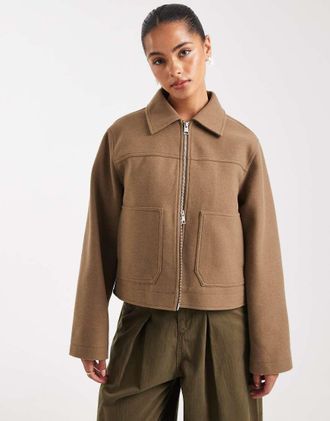 Asos Giacca cammello con chiusura con zip e colletto-Verde