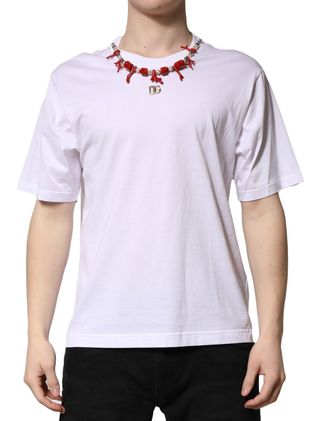 Dolce & Gabbana Mens White Embellished Cotton Crew Neck T-Shirt