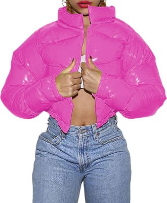 Generic Cropped Puffer Jacket Women Winter Warm Stand Collar Slim Fit Crop Puffy Down Coat Long Sleeve Short Bubble Jackets (Hot Pink,L)