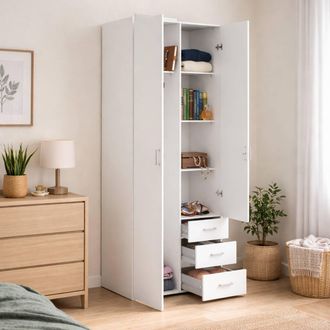 Dmora Armadio Multiuso 2 Ante Apollina, Appendiabiti, 4 Ripiani, 49.5x200.4h Cm Bianco