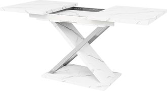 STILVORA Mesa De Comedor Para 6 A 8 Personas Extensible Con Tablero Efecto M&aacute;rmol Y Patas Cruzadas En Mdf Blanco