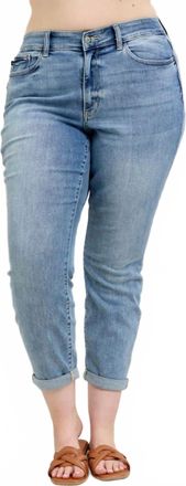 Judy Blue Mid Rise Bleach Wash Cuffed Boyfriend Denim Jeans - Plus Size In Light Wash