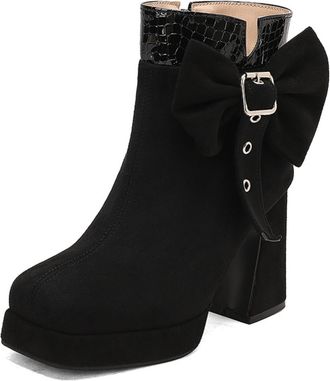 Generic Womens Elegant Ankle Boots with Oversized Bow Crocodile Pattern Trim Chunky Block Heels Platform Sole Comfortable Anti-Slip Wear-Resistant for Daily P