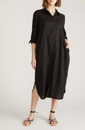 Universal Standard Odeon Long Sleeve Stretch Linen Blend Shirtdress in Black at Nordstrom, Size 3Xl
