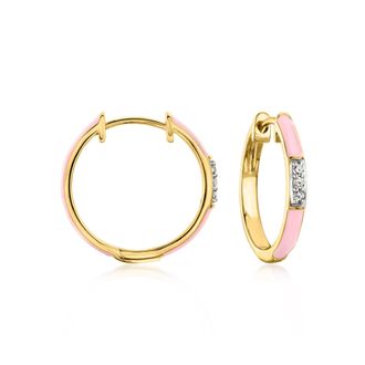Ross-Simons Pastel Pink Enamel Hoop Earrings With Diamonds in 18kt Gold Over Sterling