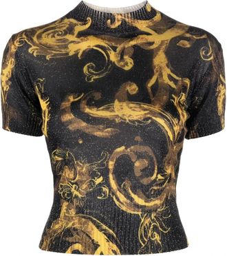 Versace Jeans Couture Barocco-print gebreide top in zwart - Dames - T-shirts - Zwart - XS - Polyester - Tops