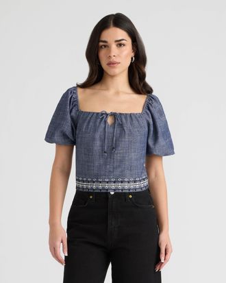 NVLT Womens Embroidered Balloon Sleeve Top
