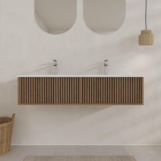 Aurlane Aurlane - Mueble De Ba&ntilde;o 120 - Frente Acanalado Roble Y Negro - Lavabo Blanco - Yuki