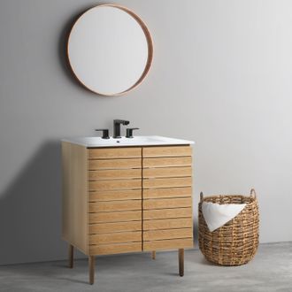 Jonathan Y Designs Aubert 29 in. W x 18 in. D x 33 in. H Thick Linear Slat Modern Farmhouse 2-Shelf Bath Vanity Cabinet