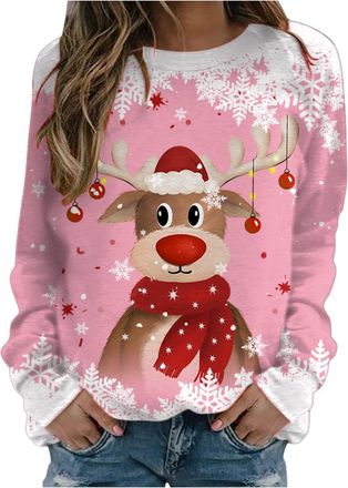 Generic Christmas Sweatshirt for Women Funny Reindeer Snowflake Print Long Sleeve Tunic Top Christmas Jumper Ugly with Motif Warm Sweater Casual Sweatshirts W
