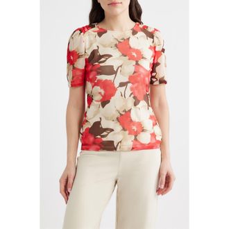 Anne Klein Floral Print Ruched Sleeve Top in White Dove Multi at Nordstrom, Size Xx-Small