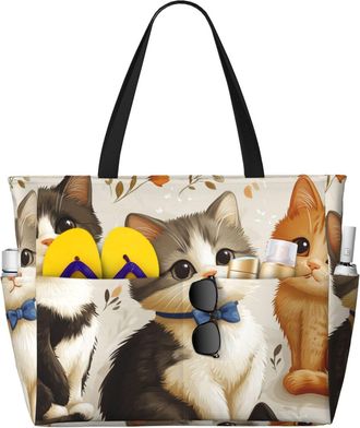 Generic Cute Cat Print Large Beach Bag Foldable Travel Shoulder Tote Bag With Pocket For Weekender Pool Vacation
