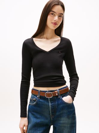 Tommy Jeans Langarmshirt TOMMY JEANS TJW SLIM ESSENTIAL RIB V LS, Damen, Gr. XL (42), schwarz, Rippware, Obermaterial: 95% Baumwolle, 5% Elasthan, bestickt, unifa