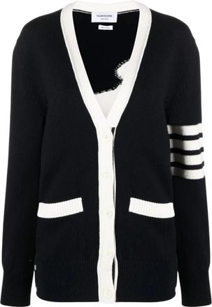 Thom Browne Truien & Vesten, Dames, Zwart, S, Katoen, Hector Icon Jersey V-neck Cardigan