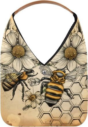 Generic Vintage Flower Honey Bee Reusable Lightweight Grocery Bags - Foldable Into Compact Pouch, Washable & Sturdy, Multipurpose for Shopping and Travel