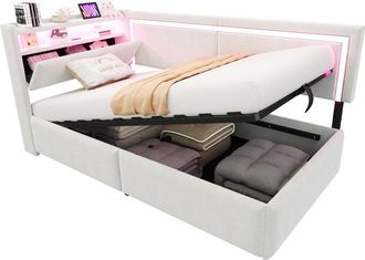 STILVORA Cama Div&aacute;n 90 X 200 Cm De Terciopelo Con Arc&oacute;n, Estantes, Puerto Usb Y Led, Sin Colch&oacute;n, Beige