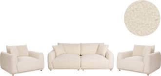 Beliani Conjunto De Sala De Estar Moderno 5 Plazas De Boucl&eacute; Con Cojines Decorativos Sof&aacute; Y Sillones Con Patas De Madera Blanco Crema Jubek