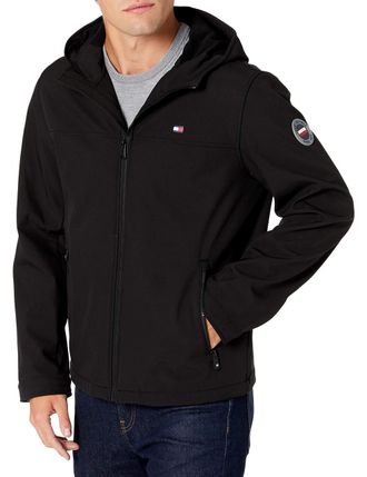 Tommy Hilfiger Mens Soft Shell Water Resistant Hooded Jacket Transitional, Black, 2X