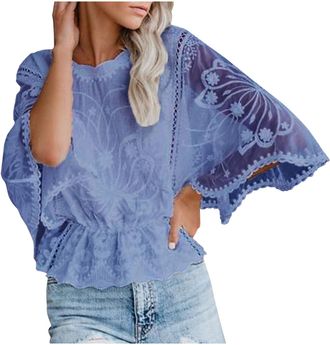 Generic Blouse Tops for Women UK Party Flowy Long Sleeve Tunic Blouses Peplum Tops Floral Embroidery Chiffon Casual Shirts Elastic Waist Hem Pullover Holiday 