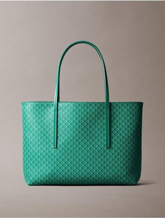 Calvin Klein Womens Allover Emblem Logo Small Tote Bag with Pouch - Green