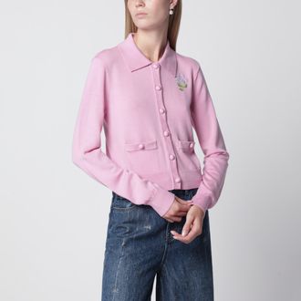 Self Portrait Cardigan in lana con ricami floreali rosa