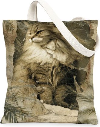 Generic Vintage Cat Canvas Tote Bags, Artistic Animal Print Reusable Shopping Bags, Lightweight Washable Shoulder Strap Canvas for, Beige, 13x15 Inch