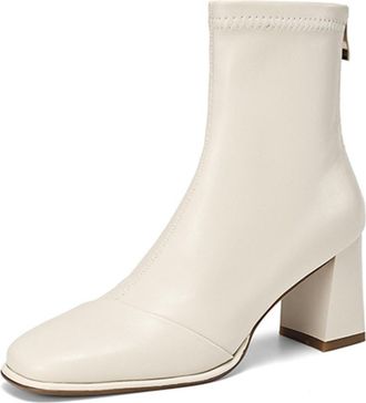 Generic Women Elastic Ankle Boots Square Toe Chunky Block Heels Side Zipper PU Leather Slip On Lightweight Comfortable Durable Non Slip Trendy Fashion Boots,B