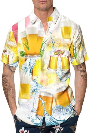 Generic Mens Hawaiian Short Sleeve Button Down Shirts Beer Festival 3D Printed Summer Beach Casual Top Blouses (White, M)