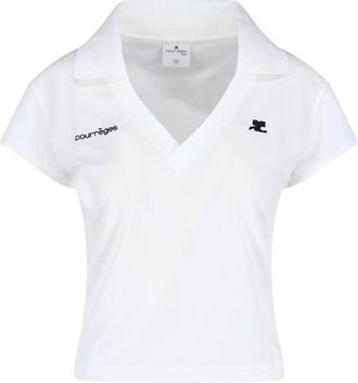 Courr&egrave;ges Logo V-Neck Polo Shirt - White