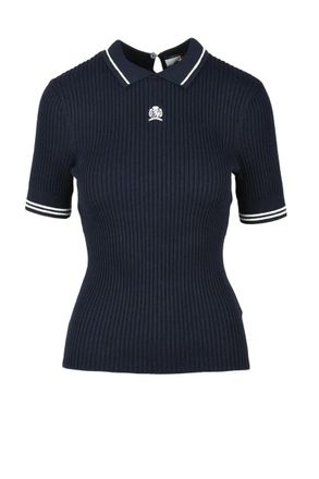 Tommy Hilfiger Navy Blue Ribbed Knit Cotton Viscose Polyamide Silk Top