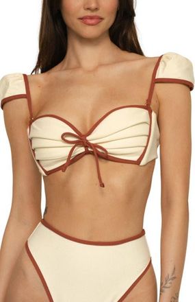 Montce Swim Camana Contrast Binding Cap Sleeve Bikini Top in Oat Terracotta at Nordstrom, Size X-Small