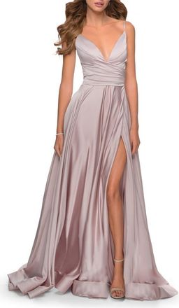 La Femme Long Satin Dress with Side Slit and V Shaped Back in Mauve at Nordstrom, Size 10