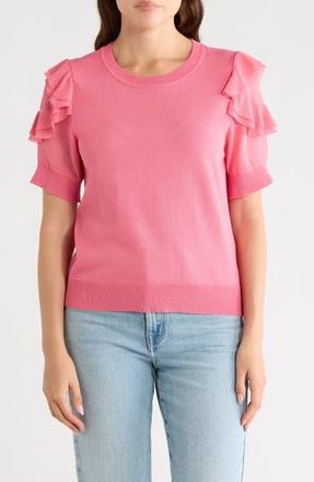 Nanette Lepore Ruffle Short Sleeve Mixed Media Sweater in Mademoiselle Pink at Nordstrom Rack, Size X-Large