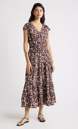 Nordstrom Tiered Poplin Maxi Dress in Brown Floating Ginko at Nordstrom, Size Xx-Small