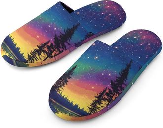 Generic Colorful Aurora Starry Sky Lake Warm Mens Slippers Slip On Soft Fleece House Shoes Winter Indoor Outdoor