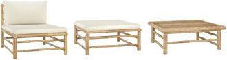 vidaXL Set de muebles de jardín 3 piezas bambú y cojines blanco crema vidaXL