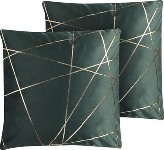 Beliani Conjunto De 2 Cojines Decorativos Terciopelo Verde Patr&oacute;n Geom&eacute;trico Dorado 45 X 45 Cm Fundas Extra&iacute;bles Cierre De Cremallera Estilo Glamuroso Pinus