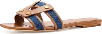 Veronica Beard Via Slide Fabric Slide Sandals Womens Sandals Honey/Navy : 9.5 M, Leather