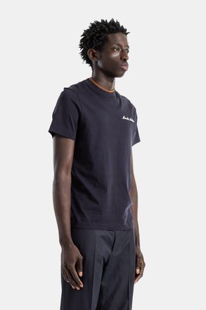 Moncler Mens Archive Navy Cotton Jersey Script Embroidery T-Shirt Camel Collar Blue T-Shirts And Polos