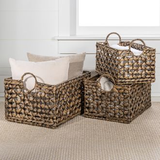 Happimess Quinn Bohemian Cottage Woven Hyacinth Rectangular Storage Baskets with Handles (Set of 3)