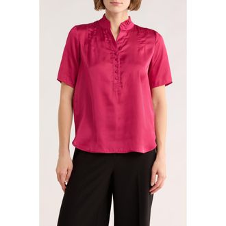 T Tahari Ruffle Split Neck Short Sleeve Top in Dark Pink at Nordstrom Rack, Size X-Small