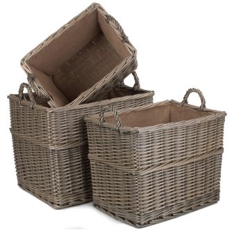 Red Hamper Wicker Set of 3 Rectangular Hessian Lined Log Storage Basket in Brown