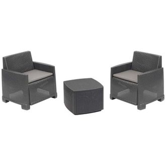 Trade Shop Trade Shop Traesio - Set Salotto Esterno Con 2 Poltrone Tavolino Contenitore Effetto Rattan Cuscini Giardino - Antracite