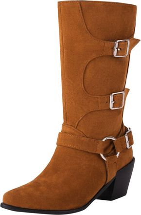 Generic Winter Women Mid Calf Boots Autumn Winter Fashion Pointed Toe Thick Heel Retro Comfort Belt Decorative Footwear (Yellow, 5. 5)