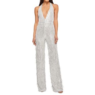 Generic Summer Clothing Women Jumpsuit Women Deep V Open Back Spicy Girl Sleeveless Tassel Hanging Neck Sequin Bodysuit Viscose Jumpsuit Women, White, M