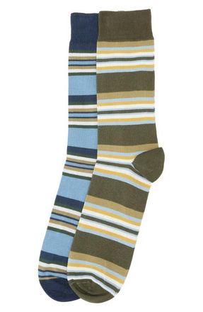 Barbour Assorted 2-Pack Summer Stripe Cotton Blend Dress Socks in Olive/Navy Stripe at Nordstrom, Size Medium